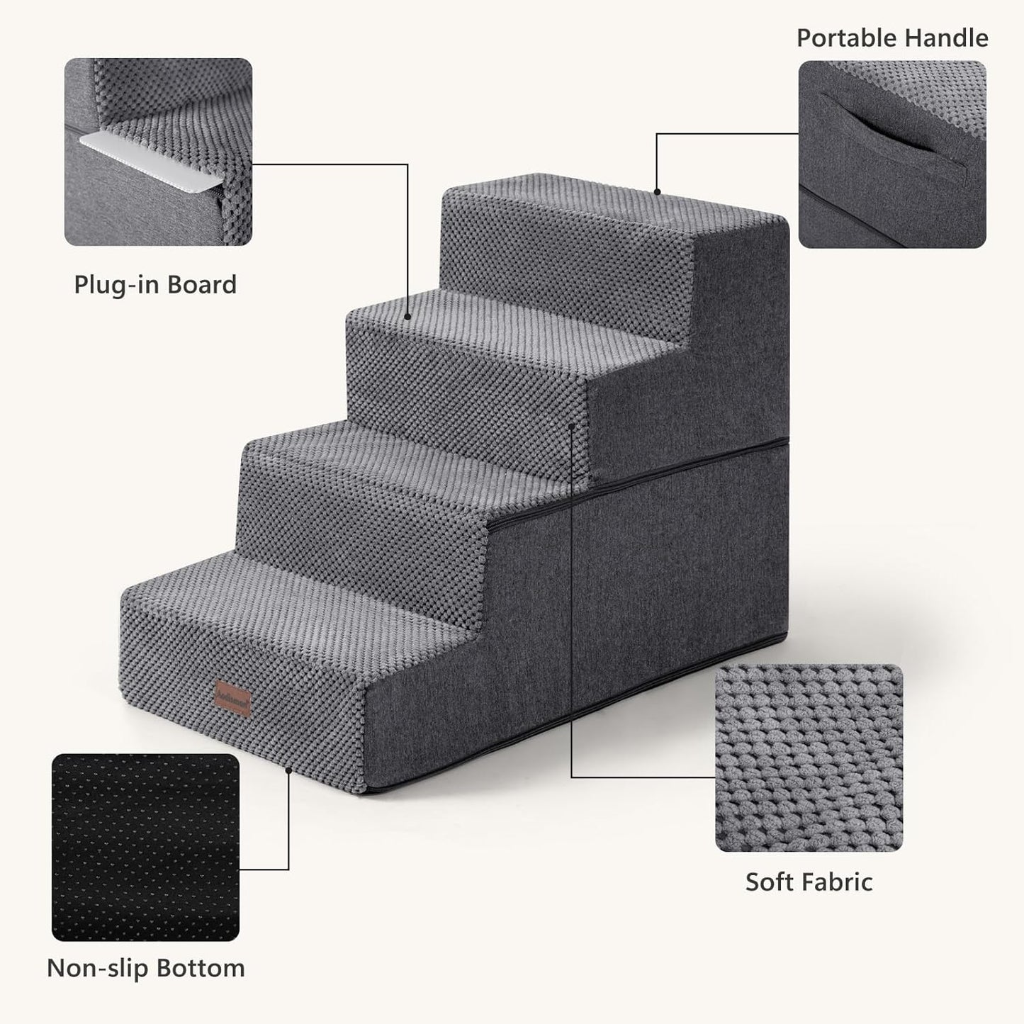 Aodisman Dog Steps for Bed and Couch, 4-Step Pet Stairs for Small Dogs, Indoor Non-Slip Dog Stairs for Old Cats, Puppy, Small Medium Dogs,18.5" H,Grey
