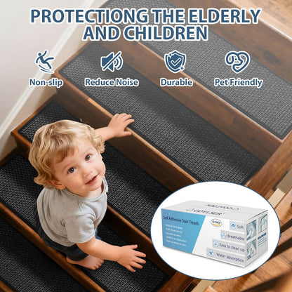 Peel and Stick Adhesive Stair Treads for Wooden Steps Indoor Set of 15 Pack, Rubber Backed Non Slip Jute Stair Rug Step Pads for Pet Dog, Elders and Kids, Beige