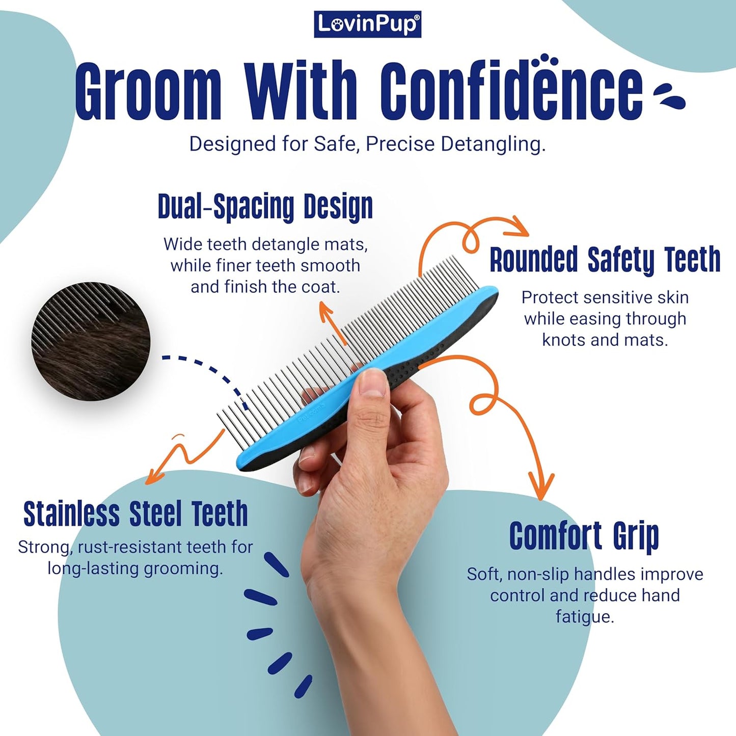 Pet Mat Remover – Professional Dematting Comb for Dogs and Cats – Stainless Steel Rounded Teeth for Gentle Knot & Tangle Removal – Dog Dematting Tools & Dog Grooming Supplies