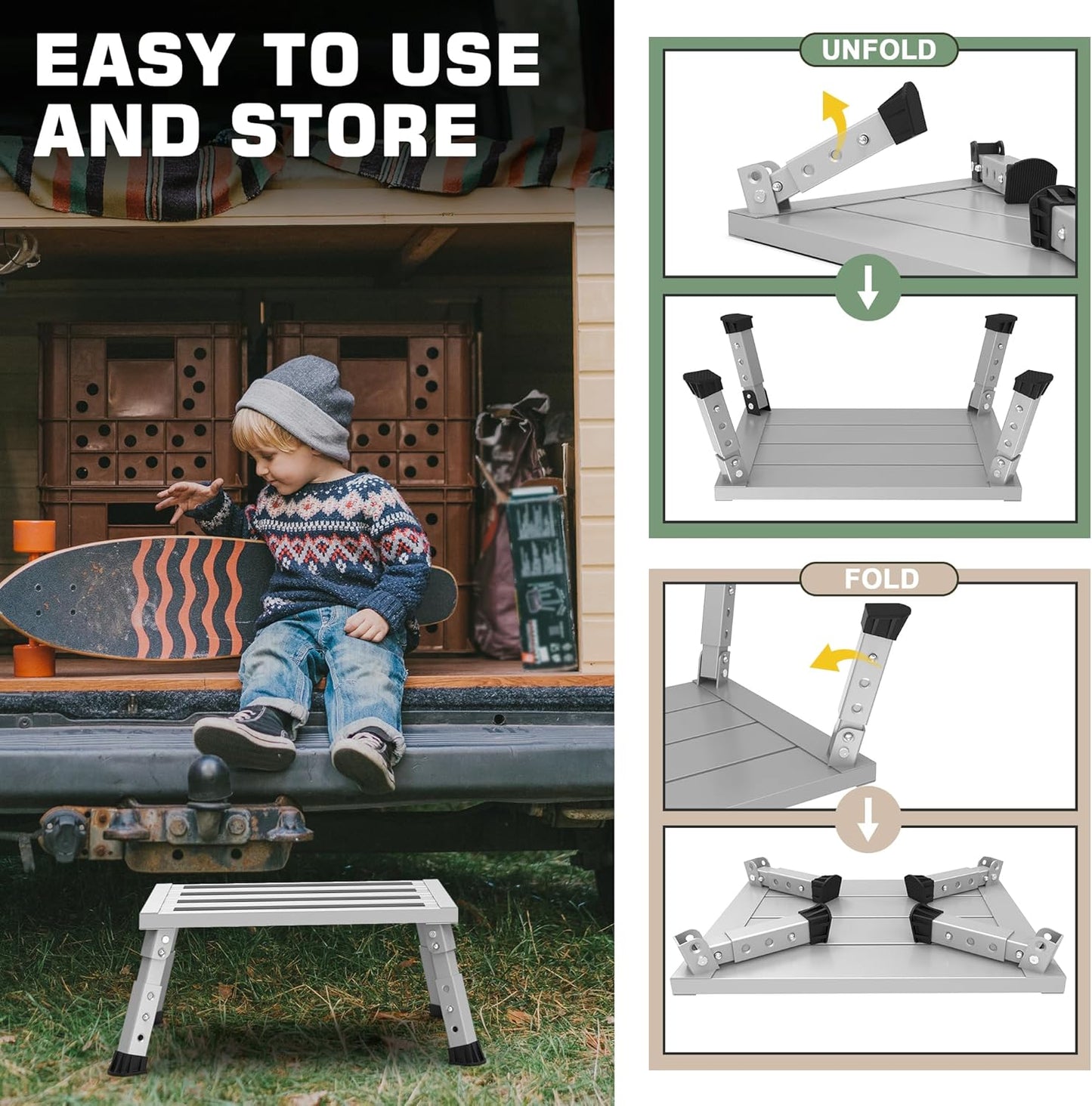 Adjustable Height Aluminum RV Step, Stable Foldable Platform Step Stool, Supports Up to 1,000 lb, Non-Slip Rubber Feet and Platform Mat, Easy to Carry (Black)