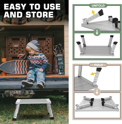 Adjustable Height Aluminum RV Step, Stable Foldable Platform Step Stool, Supports Up to 1,000 lb, Non-Slip Rubber Feet and Platform Mat, Easy to Carry (Black)