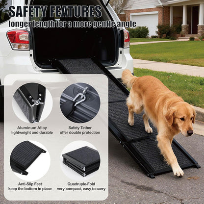 Extra Long Dog Ramp for Car, SUV & Truck - Portable Folding Pet Ramp for Large Dogs (Up to 250lbs) with Non-Slip Rug Surface & Safety Rope - Lightweight Aluminum for Easy Storage, (71" X19.5")