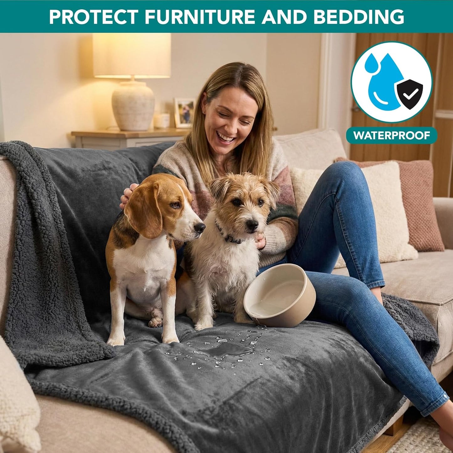PetAmi Waterproof Dog Blanket for Couch, Large 60x40, Pee Proof Sherpa Fleece Reversible Pet Throw, Furniture Protector for Bed Sofa Kennel, Soft Washable Cover for Medium Dogs Cats, Grey Sherpa
