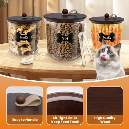 HOYTAMDAR 3 Pack Airtight Dog Food Storage Container, Dog Treat Container Dog Food Container with Wood Lids 8x7''&6x5'',Pet Food Storage Container,Cat Food Containers with Scoops,Clamp,Labels,Pens