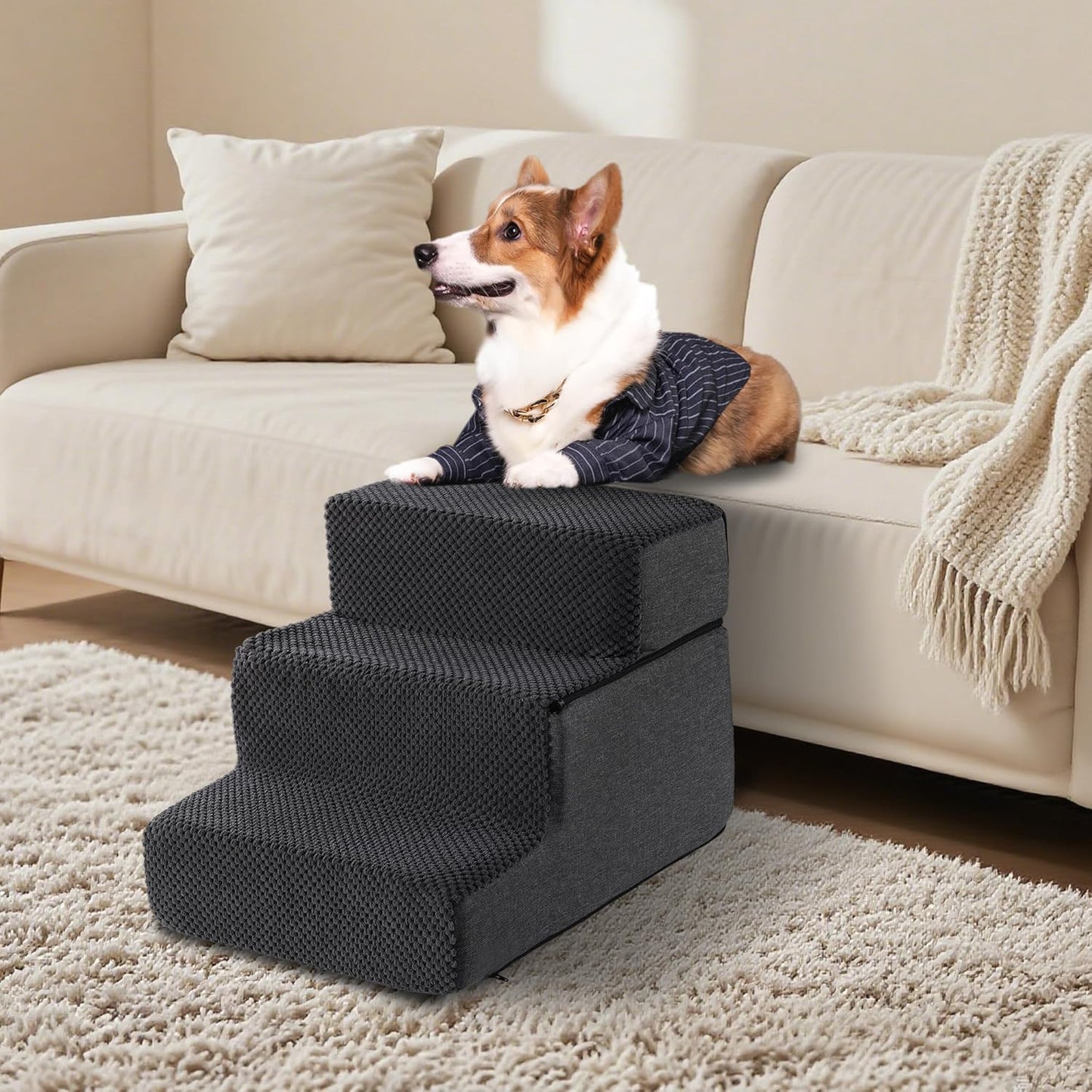 Dog Stairs for Small Dogs & Cats 13.5" H, 3-Step Non-Slip Dog Steps for Bed, Sofa and Chair, Pet Stairs with High Density Foam, Grey
