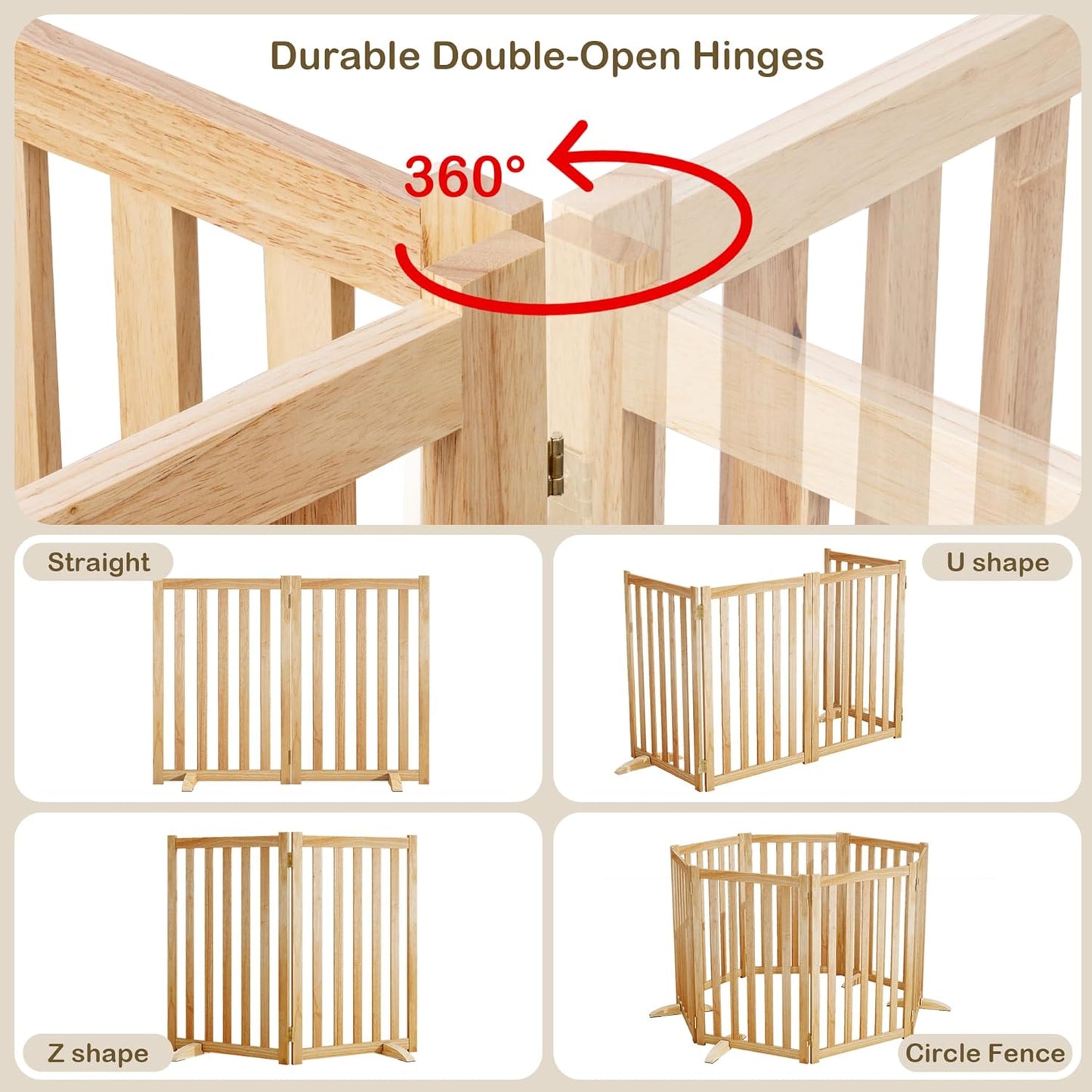 36" Height Extra Tall Freestanding Pet Gate, Solid Wood Folding Safety Fence Wooden Dog Gate with 2 PCs Support Feet Ideal for Stairs, Doorways, Halls, Kitchens, Heavy Duty Gates, 3 Panels, Oak