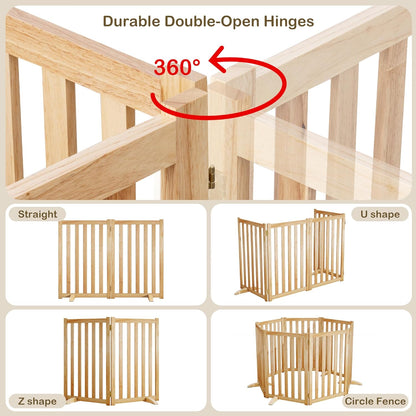 36" Height Extra Tall Freestanding Pet Gate, Solid Wood Folding Safety Fence Wooden Dog Gate with 2 PCs Support Feet Ideal for Stairs, Doorways, Halls, Kitchens, Heavy Duty Gates, 3 Panels, Oak