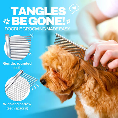 Grooming Kit, Slicker Dog Brush and Finishing Comb Set, Detangler & Dematting Grooming Tools for Dogs, Extra Long Pin Slicker & Metal Comb for Goldendoodle, Cockapoo, Cavapoo, Poodle