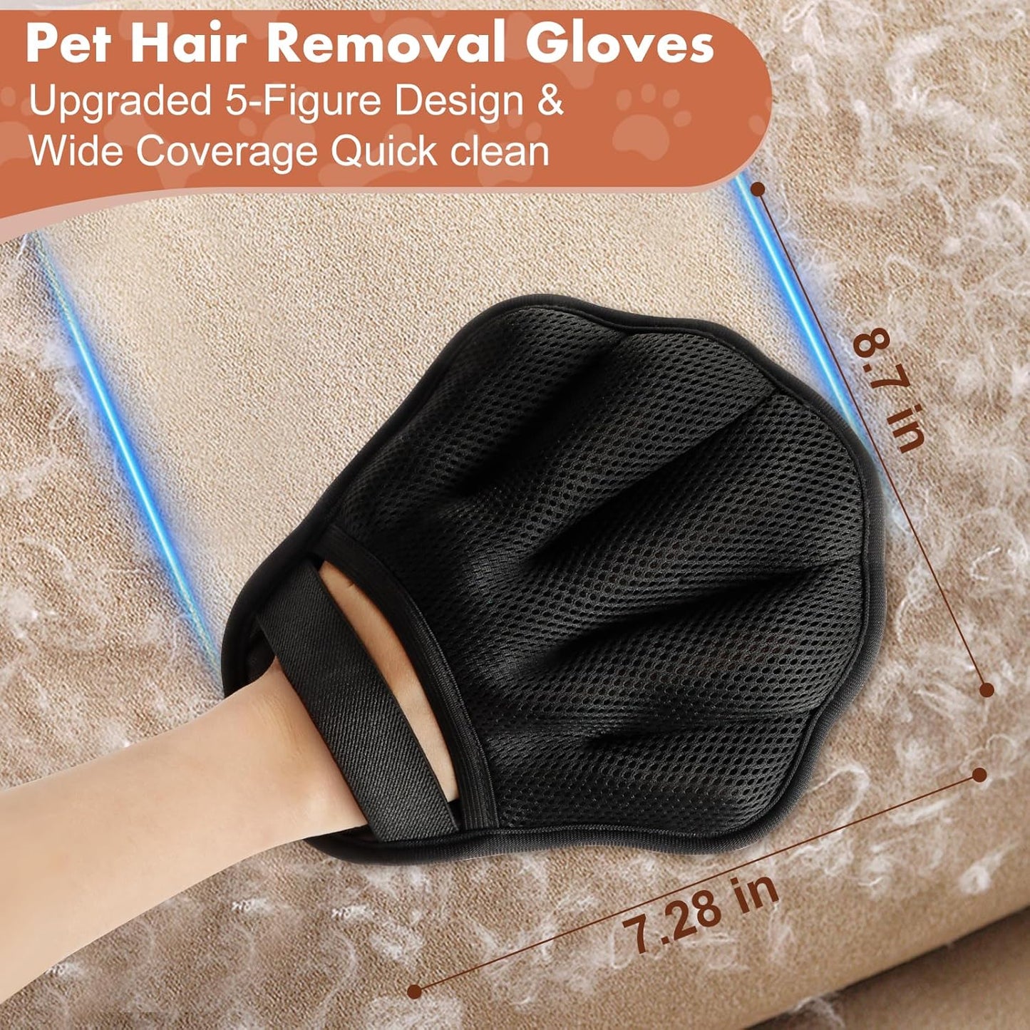 Pet Hair Removal Glove, Electrostatic Pet Hair Remover Glove for Cats & Dogs, Pet Hair Remover Tool for Laundry, Couch, Carpet, Car Seat - Upgraded Five-Finger, Reusable, Black+Black