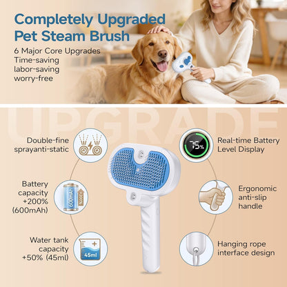4-in-1 Pet Steam Brush for Dog & Cat with Dual Spray Nozzle | Shedding Hair Removal Comb with Waterless Shampoo, Self-Cleaning Grooming Tool for Anti-Static Skin-Friendly Use (blue)