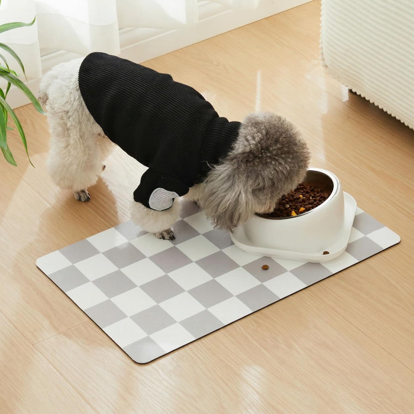 Checkered Dog Feeding Mat, Absorbent Mats for Dog Food and Water Bowl, Dispenser, Retro Aesthetic Khaki Beige Checkerboard Pet Placemat for Dogs, Cats, Puppy Accessories, 12" X 19”