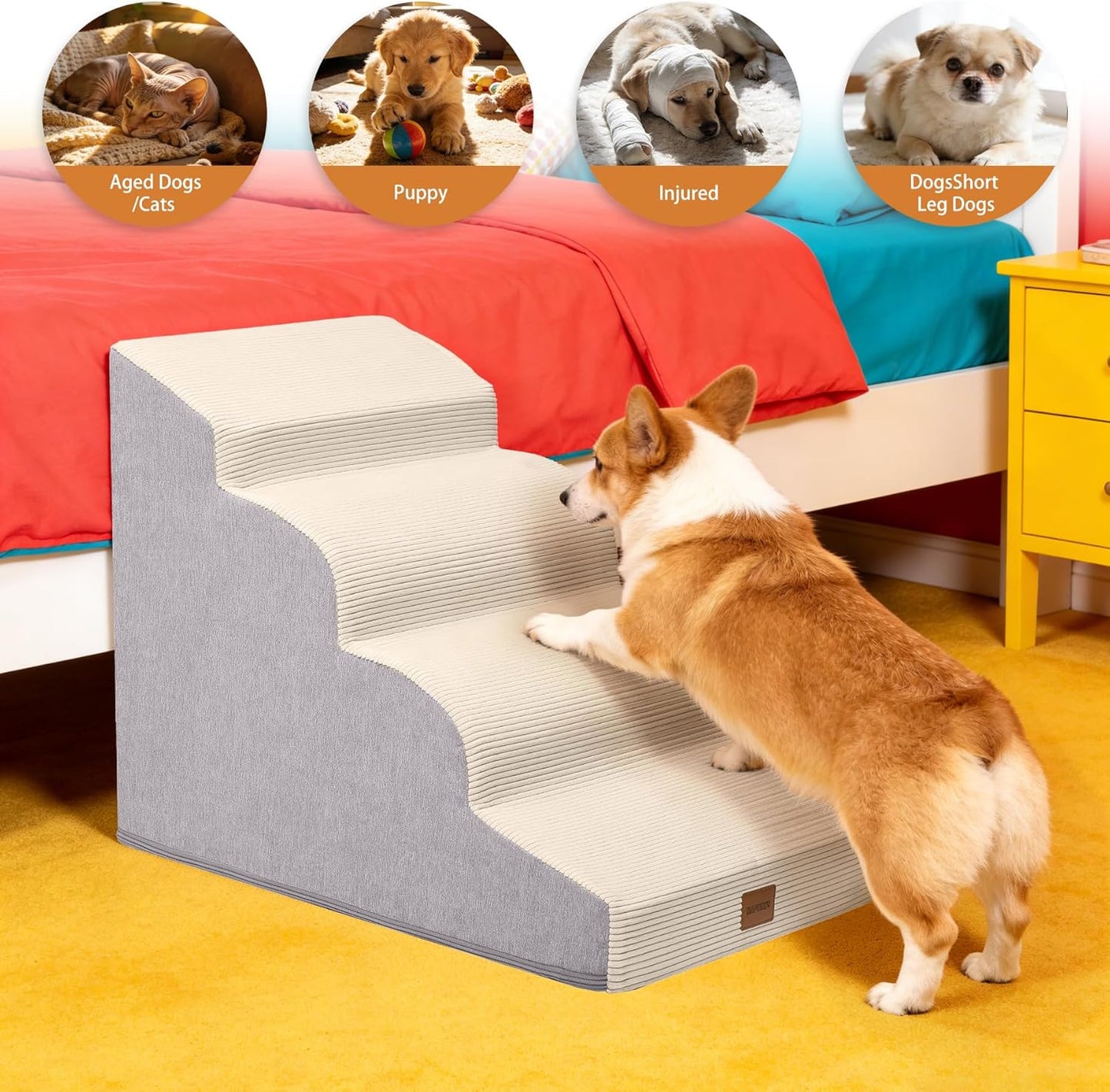 Dog Stairs for Small Dogs and Cats, 15.7" H, 3-Step Curved Pet Ramp for Couch Sofa and Chair, Non-Slip Medium Pet Steps with High Density Foam, Beige