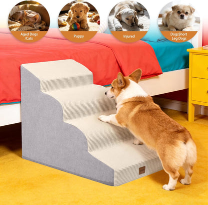 Dog Stairs for Small Dogs and Cats, 15.7" H, 3-Step Curved Pet Ramp for Couch Sofa and Chair, Non-Slip Medium Pet Steps with High Density Foam, Beige