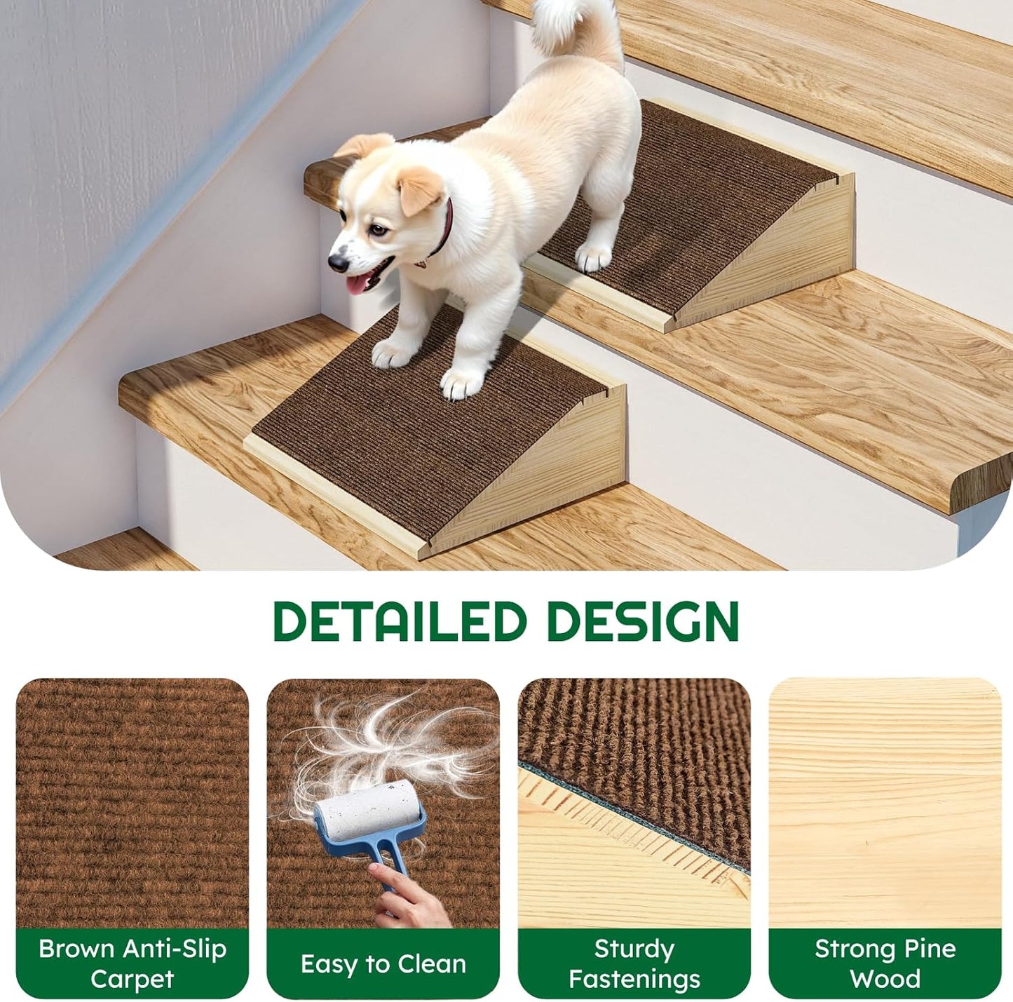 TIMHAKA 2 Pack Dog Ramp for Stairs, Upgraded Widened Non-Slip Dog Stairs for Small Medium Dogs, Wooden Pet Steps for Staircase, Steps and Stairs Assist for Injured & Aged Pets
