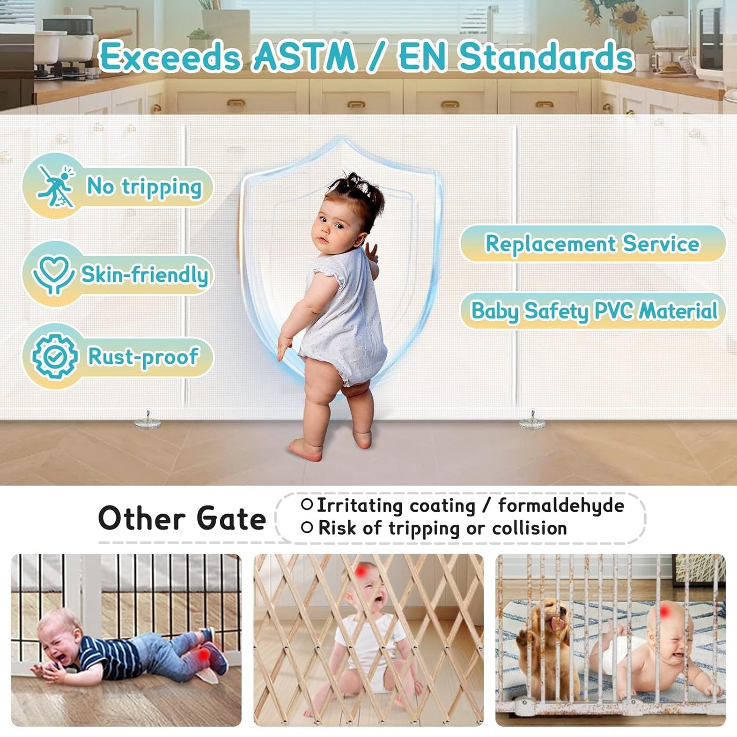 Retractable Baby Gates Extra Wide 150" × 34" Tall for Large Opening 12.5 Foot Retractable Dog Gate for Doorways, Stairs, Aisle, Indoor/Outdoor Retractable Gate for Garage, Hallways, Deck