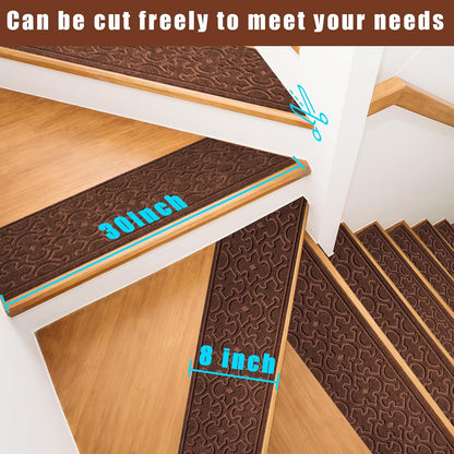 FlowaFoli Stair Treads for Wooden Steps Indoor,8" X 30" (15 in Pack) Stair Treads Non Slip, Machine Washable for Kids Elders and Pets,Beige