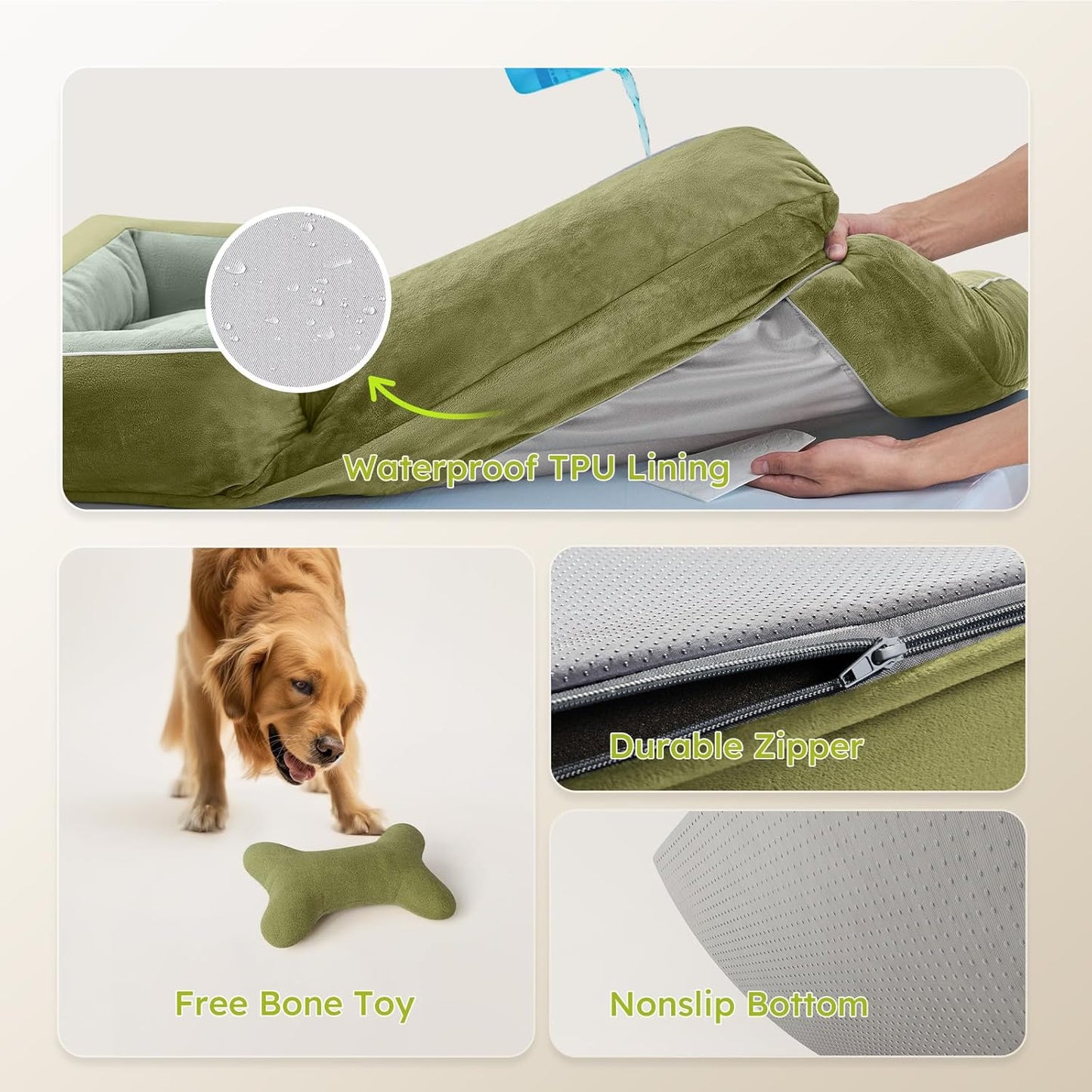 CWAWZ Extra Large Dog Bed, Orthopedic Dog Bed with Cooling Gel Memory Foam, Waterproof XL Pet Bed with Removable Washable Cover, 42" Pet Sofa Couch Dutch Velvet with Bone Toy, Light Gray