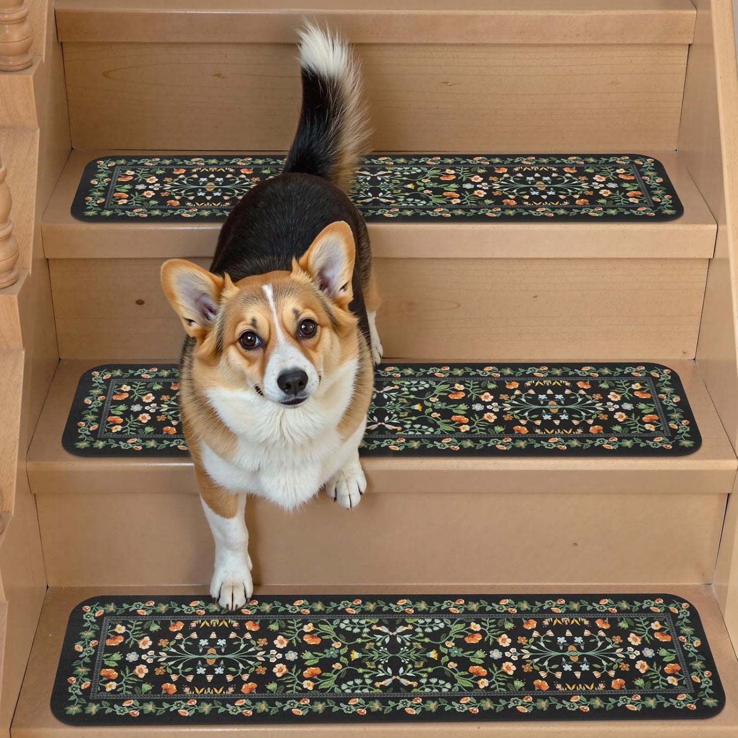 OJIA Floral Stair Treads Non-Slip Carpet Stair Treads for Wooden Steps Indoor 15PCS 30"x8" Stair Runner Stair Mats Staircase Step Treads for Kids, Elders and Dogs, Stair Covers, Black
