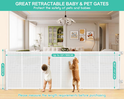 Upgrade 120 inch Retractable Baby Gates, EZIGO Extra Wide Baby Gate for Large Opening Extra Long Mesh Gate for Kids or Pet Dog Gate Child Safety Gate for Stairs Hallways Doorway Indoor Outdoor, Gray