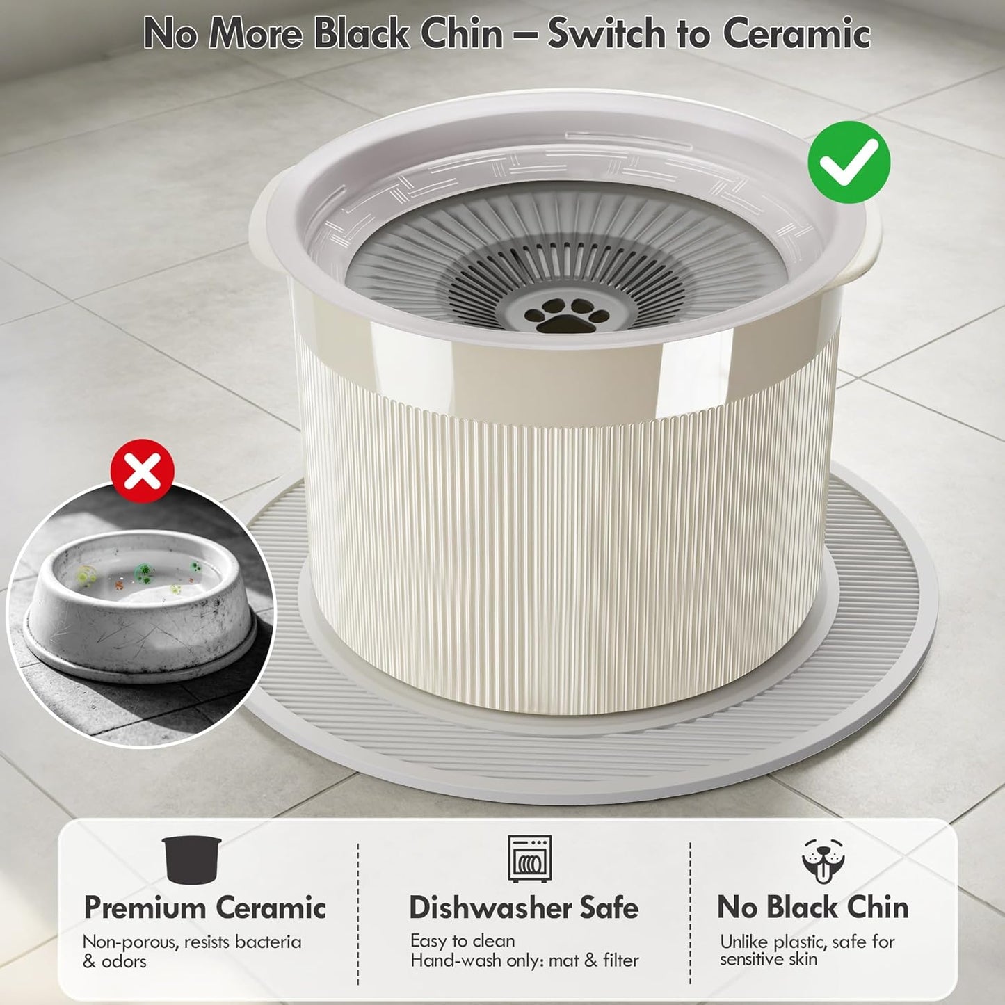 No Spill Ceramic Dog Water Bowl, Large Capacity Slow Drinking Bowl with Floating Disk & Filter, Heavy Duty Anti-Slip Bowl for Small to Medium Dogs, Cats & Multi-Pet Homes Indoor