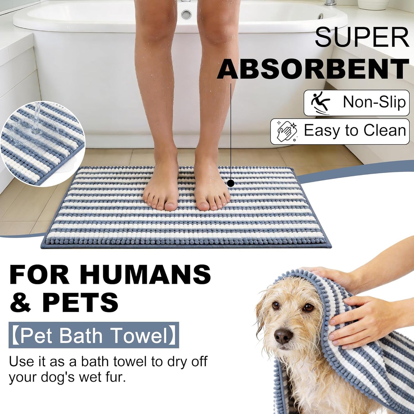 pobopobo Dog Door Mat for Muddy Paws - Absorbent & Washable Chenille Rug, Non-Slip Dirt Trapper for Indoor Outdoor Entryway, Quick Dry Pet Mat for Muddy Dogs (Striped Gray-Blue&White, 24" x 16")