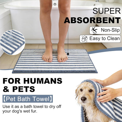 pobopobo Dog Door Mat for Muddy Paws - Absorbent & Washable Chenille Rug, Non-Slip Dirt Trapper for Indoor Outdoor Entryway, Quick Dry Pet Mat for Muddy Dogs (Striped Gray-Blue&White, 24" x 16")