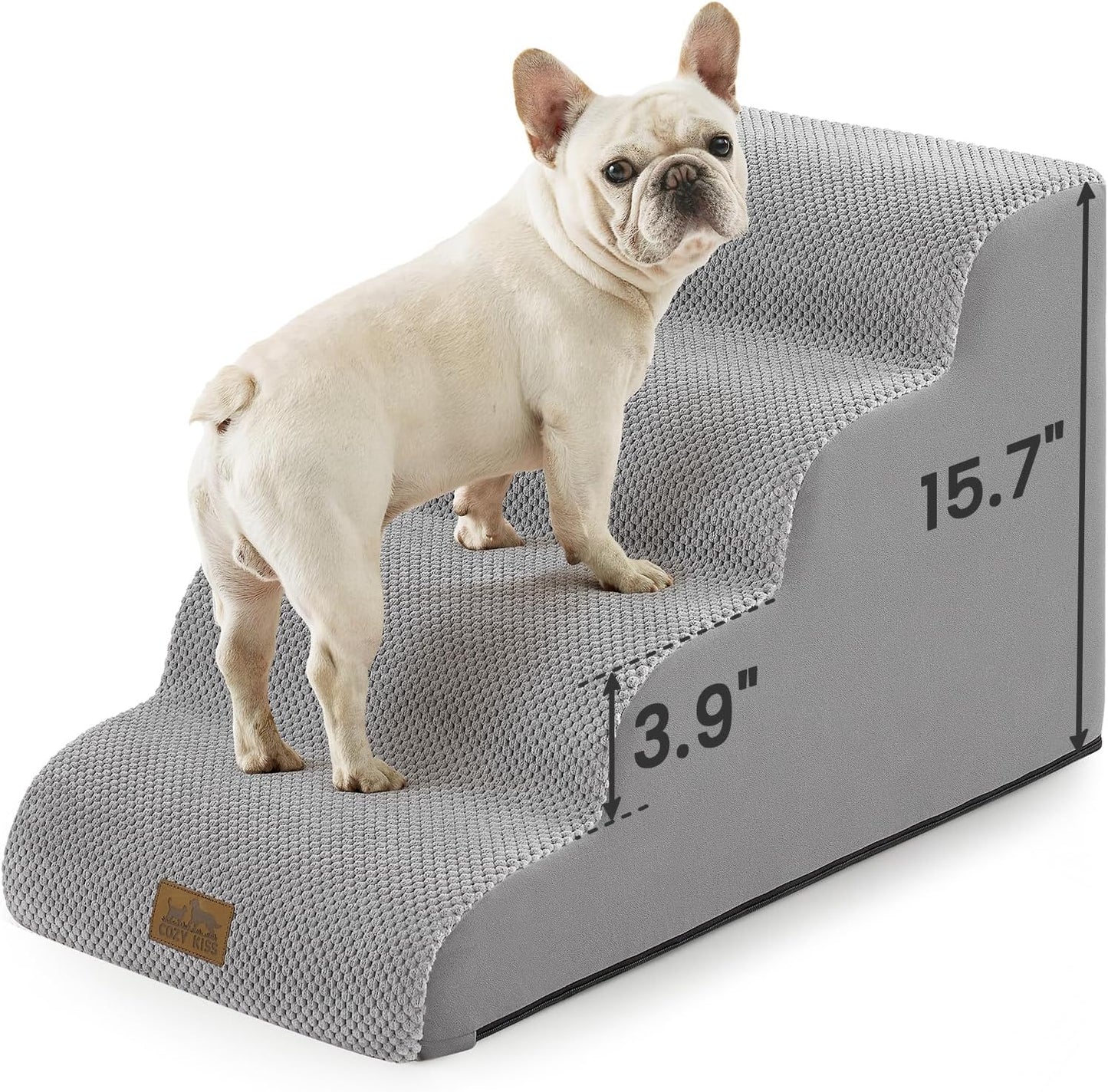 COZY KISS Dog Stairs for Small Dogs 15.7" H, 4-Step Sturdy Foam Dog Steps for Couch and Bed, Curved Pet Stairs for Puppy and Older Cat, Doggie Ladder with Washable Cover, 15.7x28.3x15.7 inch, Beige