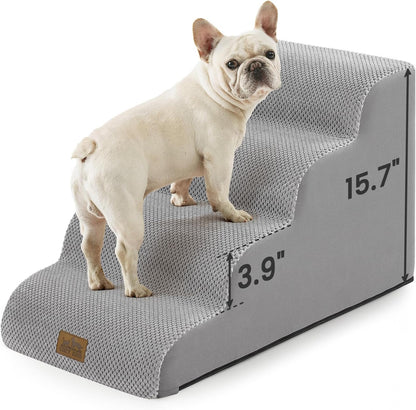 COZY KISS Dog Stairs for Small Dogs 15.7" H, 4-Step Sturdy Foam Dog Steps for Couch and Bed, Curved Pet Stairs for Puppy and Older Cat, Doggie Ladder with Washable Cover, 15.7x28.3x15.7 inch, Beige
