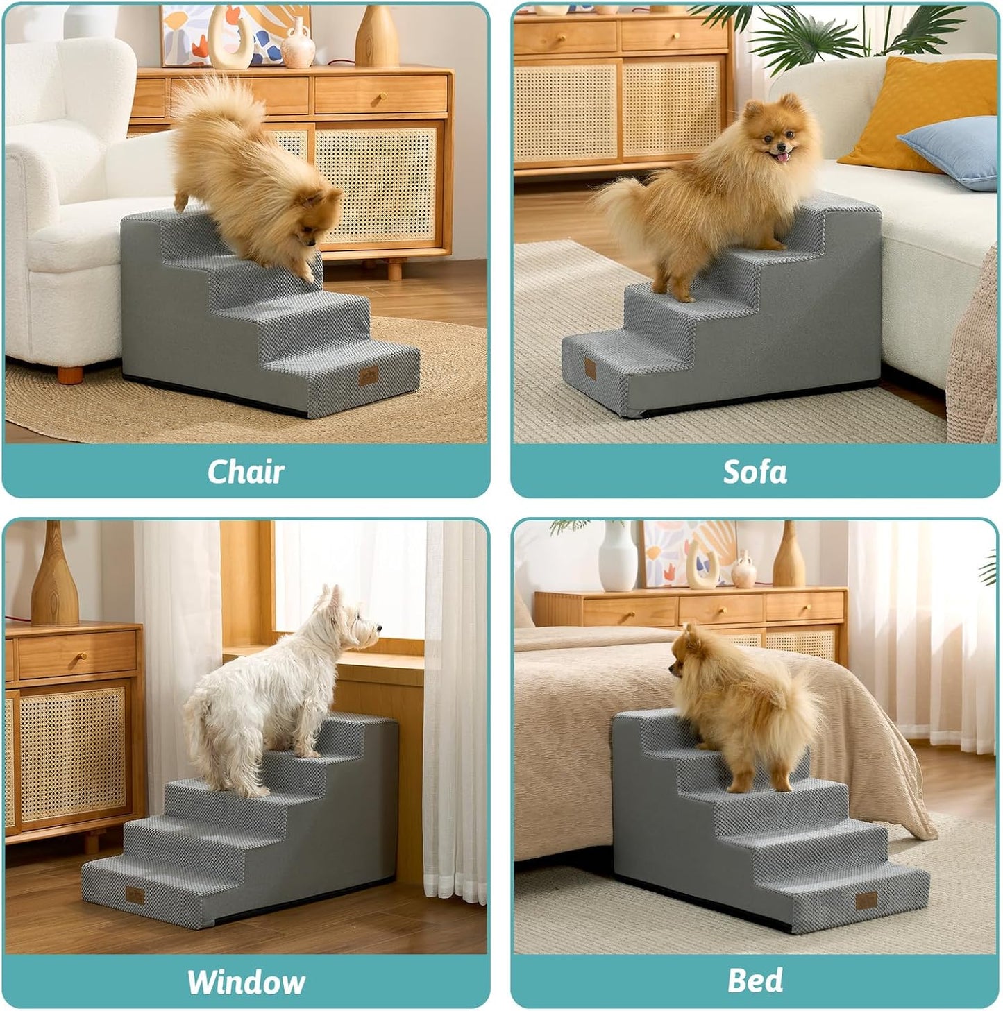 COZY KISS Dog Stairs for Small Dogs, 4 Tier Wider Pet Stairs for Couch and Beds, 17.7" H Non-Slip Dog Steps for Old Cats, Puppy, Small Medium Dogs, 17.7x23.6x17.7 inch, Beige