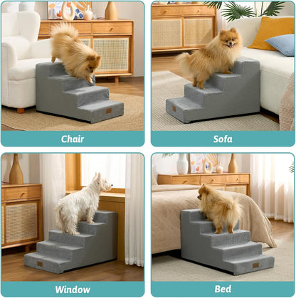 COZY KISS Dog Stairs for Small Dogs, 4 Tier Wider Pet Stairs for Couch and Beds, 17.7" H Non-Slip Dog Steps for Old Cats, Puppy, Small Medium Dogs, 17.7x23.6x17.7 inch, Beige
