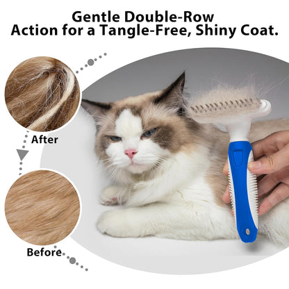 Dog Cat Grooming Tool Rake, Pet Dematting Tool with Stainless Steel Shedding Comb, Double Row Pet Rake Gently Remove Loose or Tangled Hair from Undercoat Black
