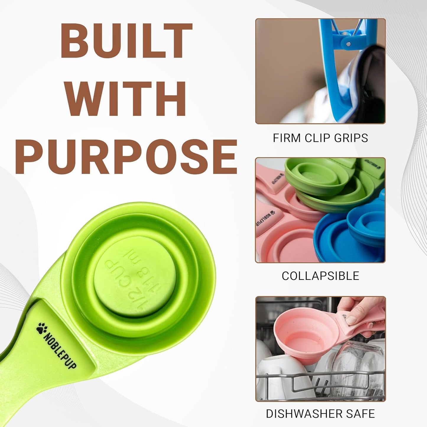 MeasureMate Pet Food Scoops with Bag Clip for Dog and Cat - 3-in-1 Multi-Function Collapsible Food Measuring Cup - 1 Cup Capacity, 8oz, Green - Dishwasher Safe