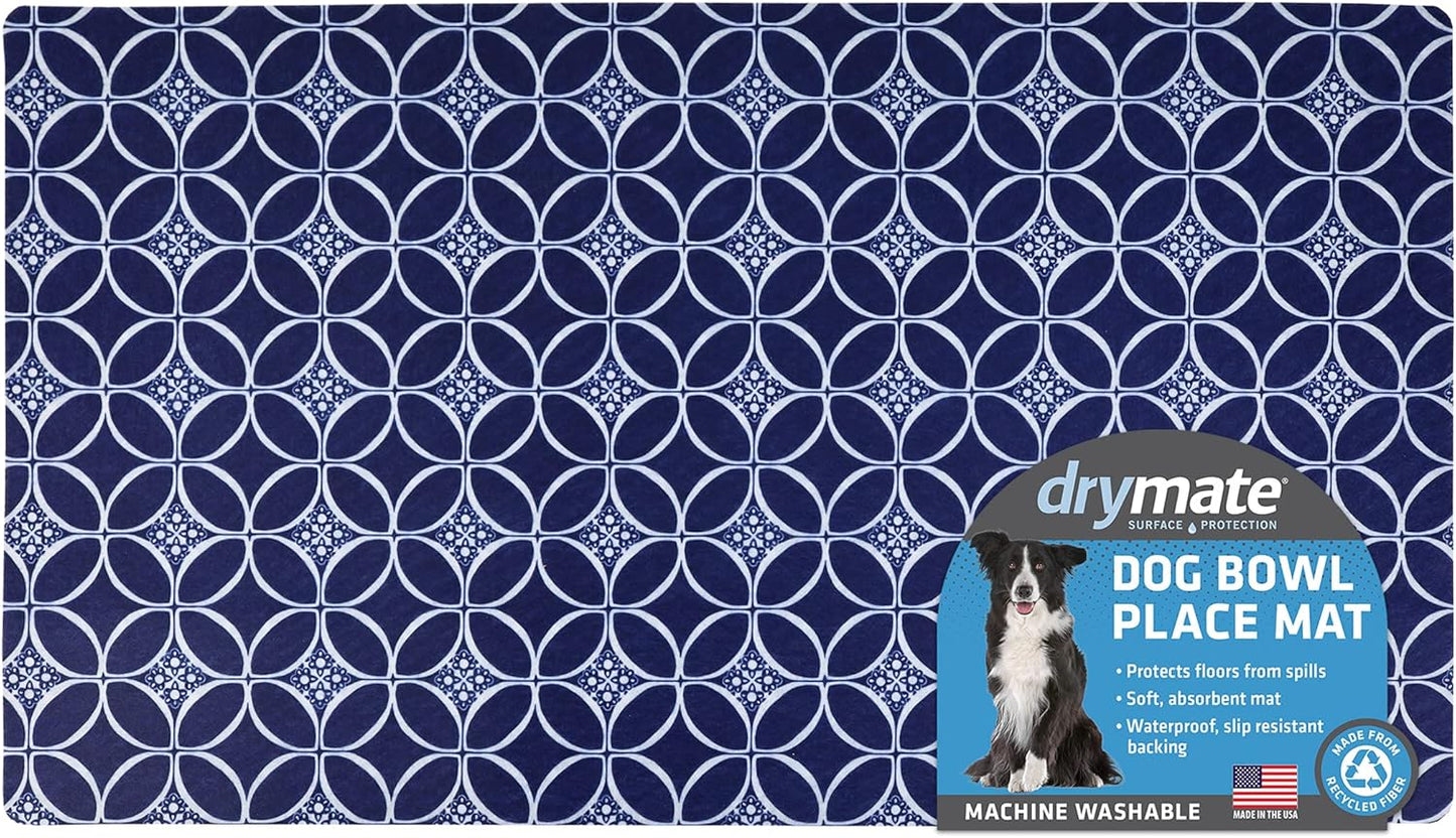 Drymate Pet Bowl Placemat, Dog & Cat Food Feeding Mat - Absorbent Fabric, Waterproof Backing, Slip-Resistant - Machine Washable/Durable (USA Made) (12” x 20”) (Indigo)