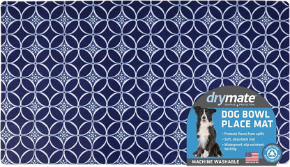 Drymate Pet Bowl Placemat, Dog & Cat Food Feeding Mat - Absorbent Fabric, Waterproof Backing, Slip-Resistant - Machine Washable/Durable (USA Made) (12” x 20”) (Indigo)