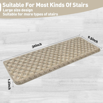 PURE ERA Bullnose Carpet Stair Treads Set Tape Free Non-Slip Indoor Stair Protectors Pet Friendly Rugs Covers Soft Skid Resistant Washable Reusable 9.5" x 30"(14 Pieces,Cream Gray)