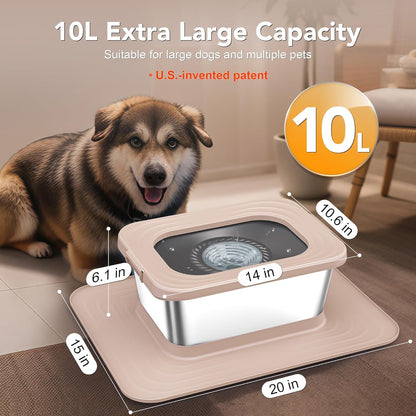 Decflow 10L Stainless Steel Dog Water Bowl, No Spill Anti-Splash Dog Bowls with XXL Silicone Mat, Spill-Proof Slow Feeder for Messy Drinkers, Heavy Duty Pet Bowls for Indoor/Outdoor Use Grey