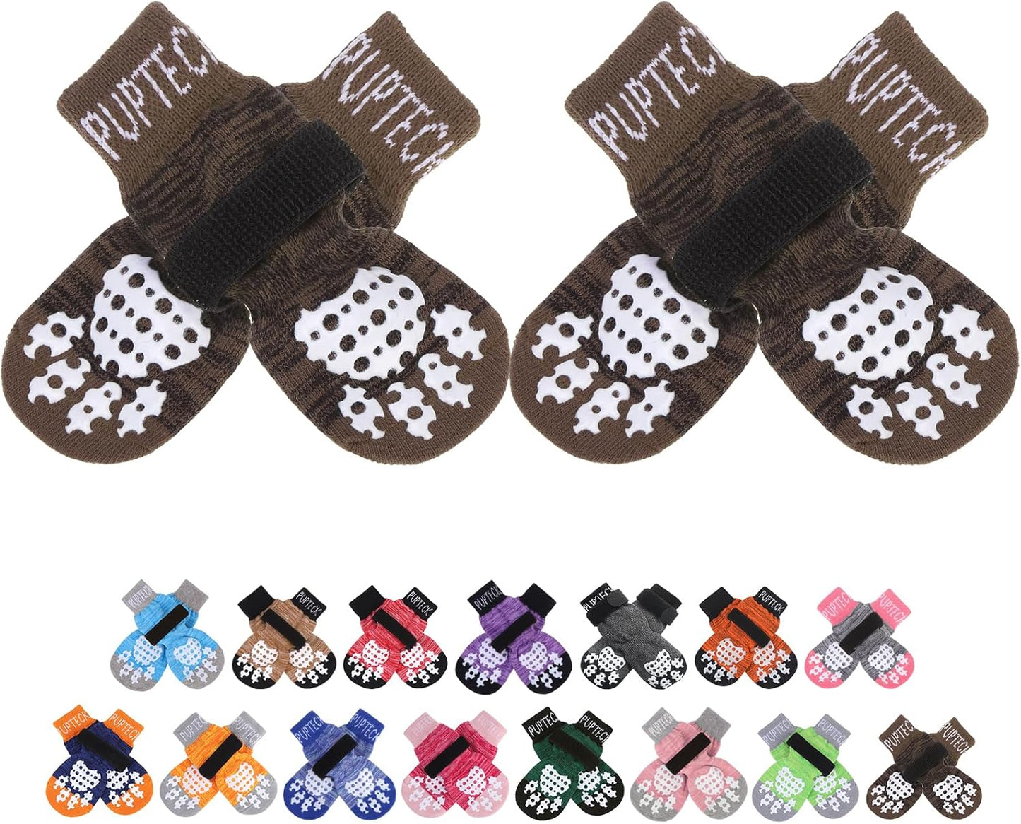 PUPTECK Anti-Slip Dog Socks with Double Sides Grips for Small Medium Large Dogs Hardwood Floors Prevents Licking, Dog Shoes for Hot Pavement Traction Control Paw Protector for Senior Dogs, Grey L
