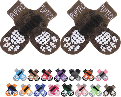 PUPTECK Anti-Slip Dog Socks with Double Sides Grips for Small Medium Large Dogs Hardwood Floors Prevents Licking, Dog Shoes for Hot Pavement Traction Control Paw Protector for Senior Dogs, Grey L