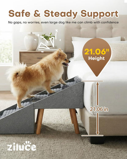 Dog Ramp for Bed & Couch, Dog Stairs 21.06 inches High for Large/Medium/Small Doggie, Foldable 2 in 1 Wooden Pet Steps for Puppy Older and Injured Dogs, Split Ottoman Design, No-Slip Surface