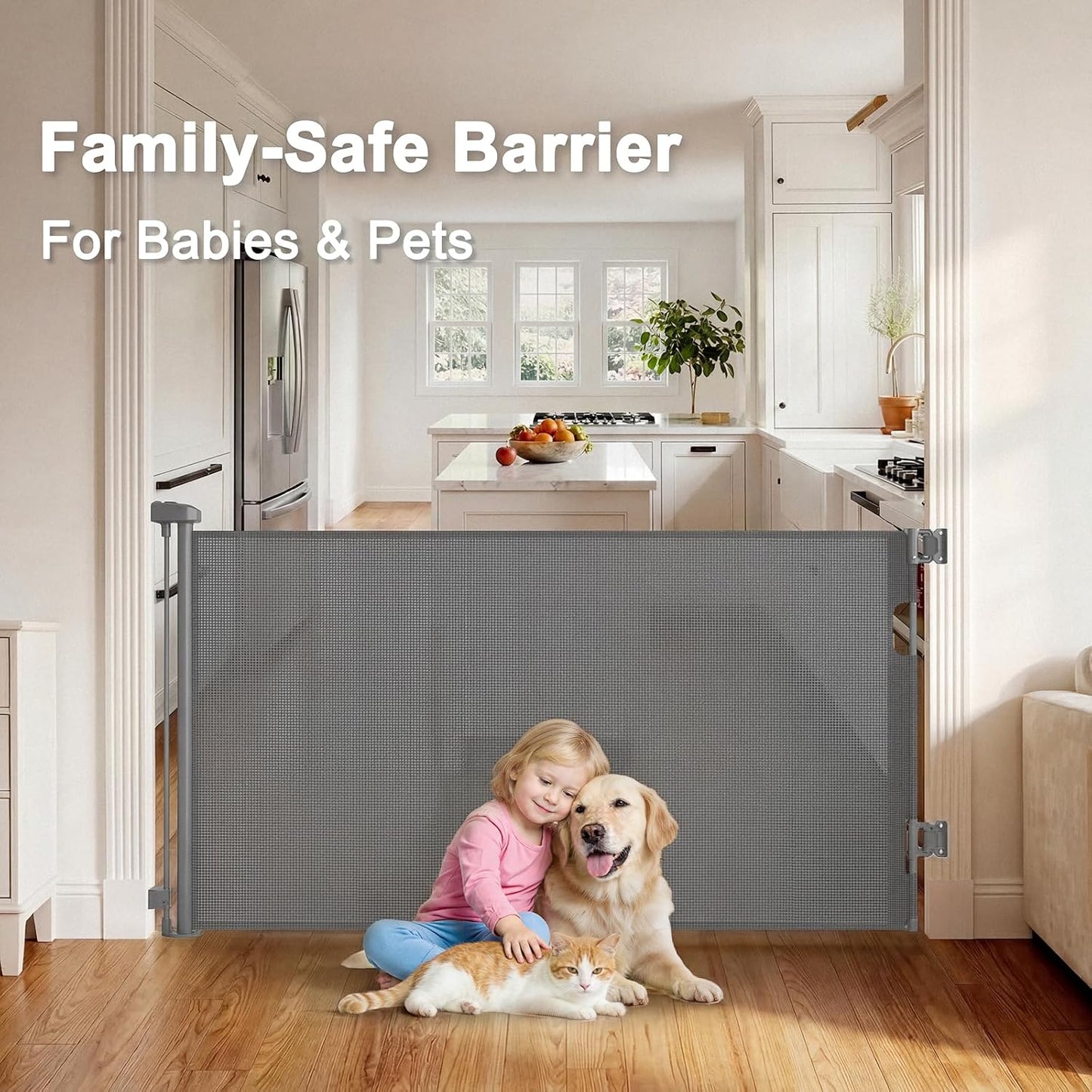 Retractable Dog Gate for Doorways, Indoor/Outdoor Safety Mesh Baby Gates for Stairs, 33" Tall Expands Up To 60" Width, Space-Saving&One Handed Operation Puertas Para Bebes for Hallways, Decks, Porches