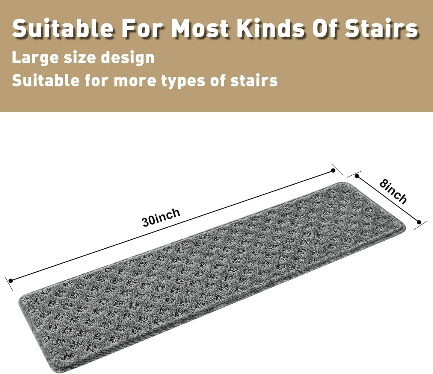 PURE ERA Bullnose Carpet Stair Treads Set Tape Free Non-Slip Indoor Stair Protectors Pet Friendly Rugs Covers Soft Skid Resistant Washable Reusable 9.5" x 30"(14 Pieces,Cream Gray)