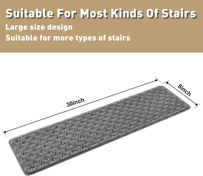 PURE ERA Bullnose Carpet Stair Treads Set Tape Free Non-Slip Indoor Stair Protectors Pet Friendly Rugs Covers Soft Skid Resistant Washable Reusable 9.5" x 30"(14 Pieces,Cream Gray)