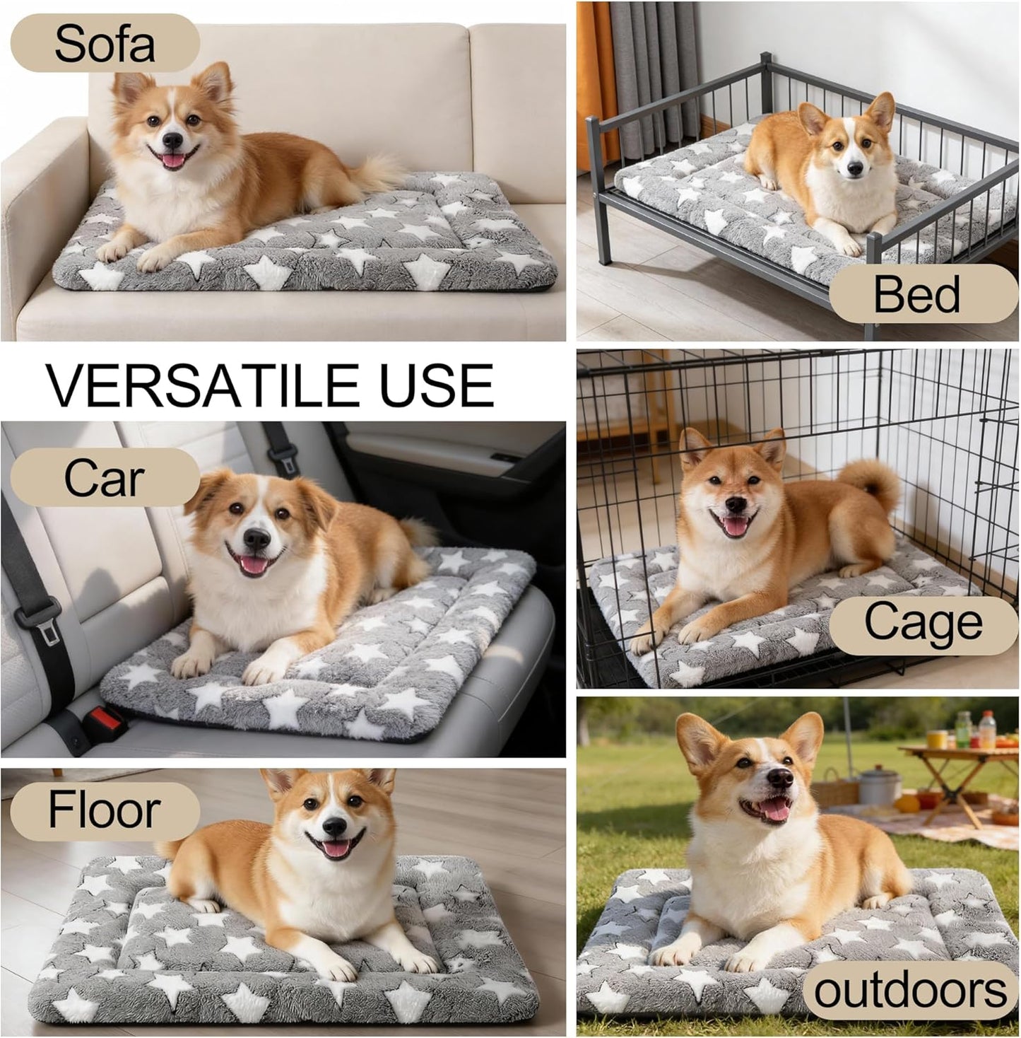 Dog Bed Mat, Reversible Crate Pad & Cute Dog Bed - Machine Washable Kennel Mat with Ultra Soft for Small Dogs (Cool/Warm), 24" x 18", Grey&Star