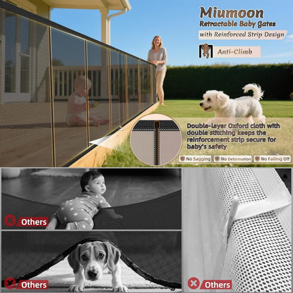 Miumoon 120 inch Retractable Baby Gates 34 inch Tall, Retractable Gate with Reinforced Strip Design to Prevent Crawling Through, 10 FT Extra Wide Retractable Dog Gate for Indoor/Outdoor