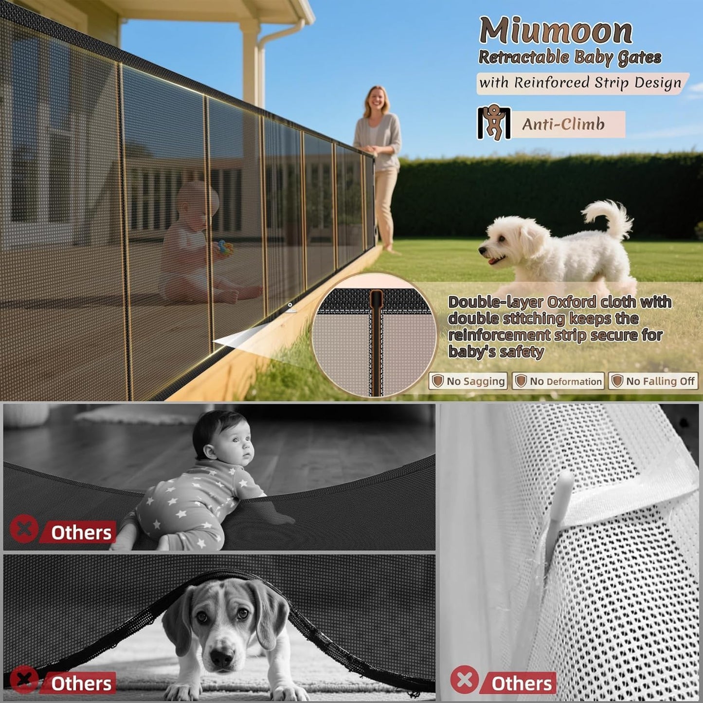Miumoon 150 inch Retractable Baby Gates 42 inch Tall, Retractable Gate with Reinforced Strip Design to Prevent Crawling Through, 12 FT Extra Wide Retractable Dog Gate for Indoor/Outdoor
