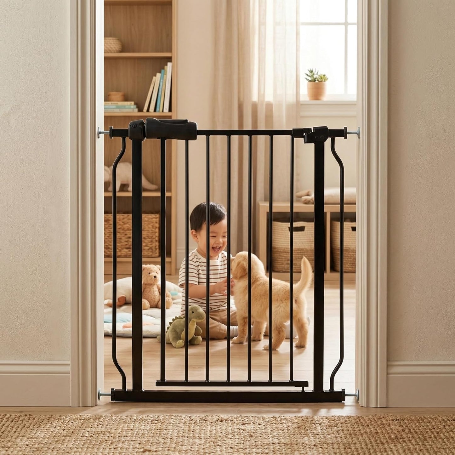 24-29 Inch Narrow Baby Gate, Pressure Mounted No Drilling Dog Gate for Stairs & Doorways, White Metal Safety Gate Indoor for Kids and Pets