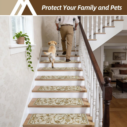 COSY HOMEER-Stair-Treads-for-Wooden-Steps Washable Indoor Stair Treads Non Slip 8" X 30" Soft Stair Carpet Treads Reusable Peel and Stick Stair Runner Rug for Kids, Elders and Pets 15pcs