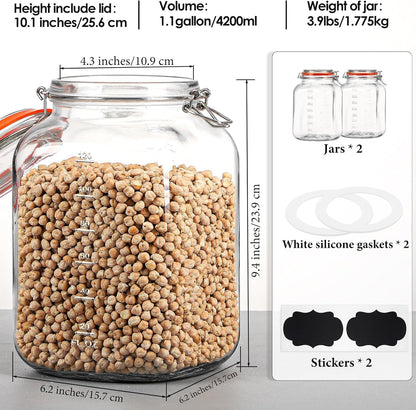 [UPGRADE] 2 Pack Square Super Wide Mouth Airtight Glass Storage Jars with Lids, 1.1 Gallon Glass Container with 2 Measurement Marks, Canning Jars with Leak-proof Lid for Kitchen (Spare Gasket)