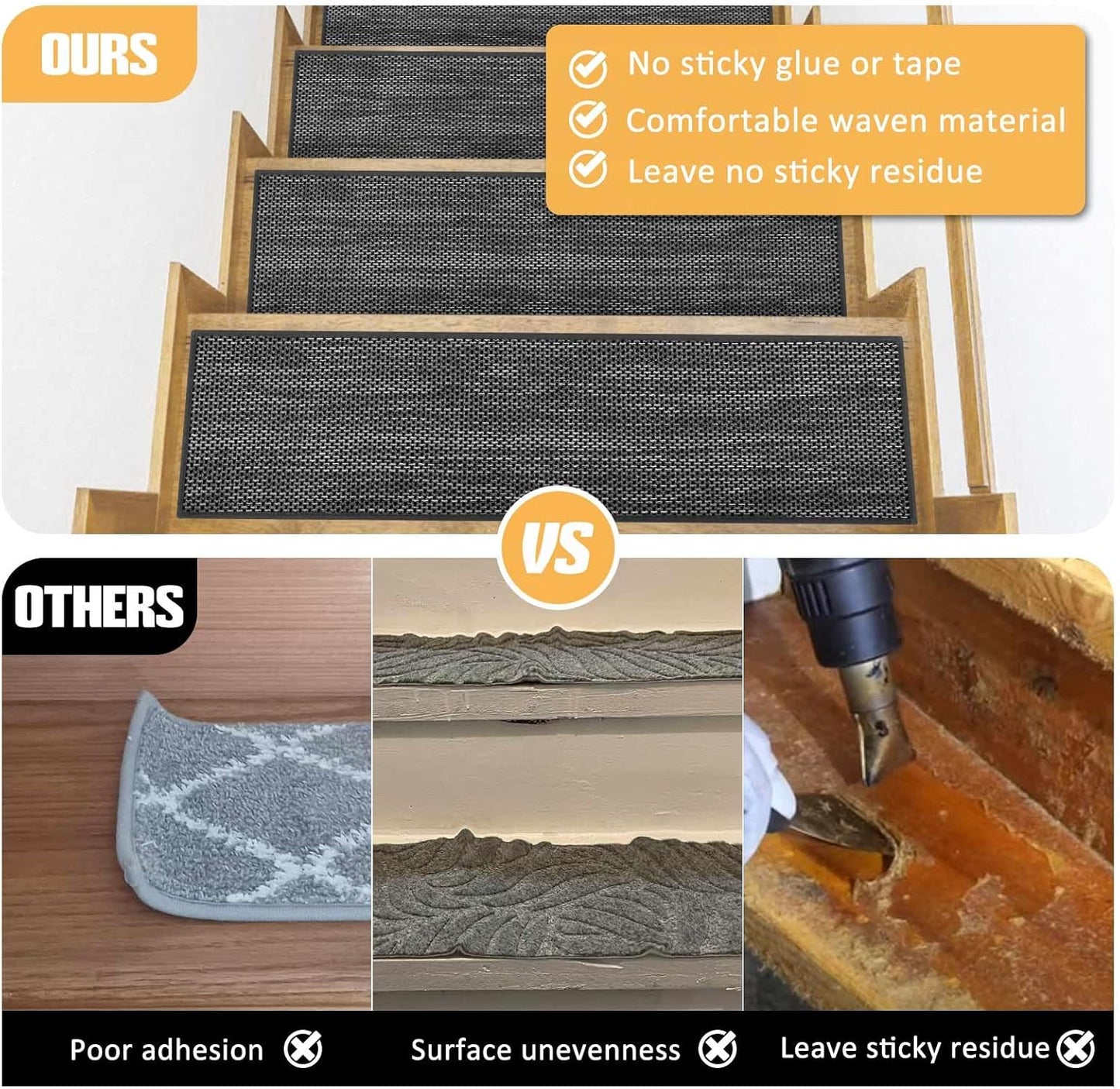 Stair Treads Non Slip for Wooden Steps Indoor 9" x 36" 15 Pack Extra Wide Stairs Tread Carpet Runner, Step Pads with Reusable Adhesive for Dogs Kids Elders, Machine Washable, Black