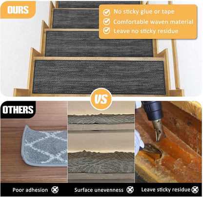 Stair Treads Non Slip for Wooden Steps Indoor 9" x 36" 15 Pack Extra Wide Stairs Tread Carpet Runner, Step Pads with Reusable Adhesive for Dogs Kids Elders, Machine Washable, Black